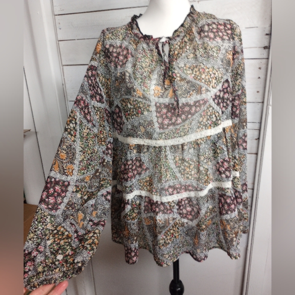 Easel Size Small Boho Babydoll Floral Top Blouse Semi Sheer Lightweight Peasant.